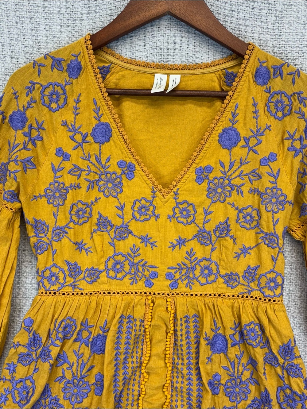 Anthropologie Alena Embroidered Boho Yellow Mustard Floral Peasant Dress XS - Picture 2 of 9